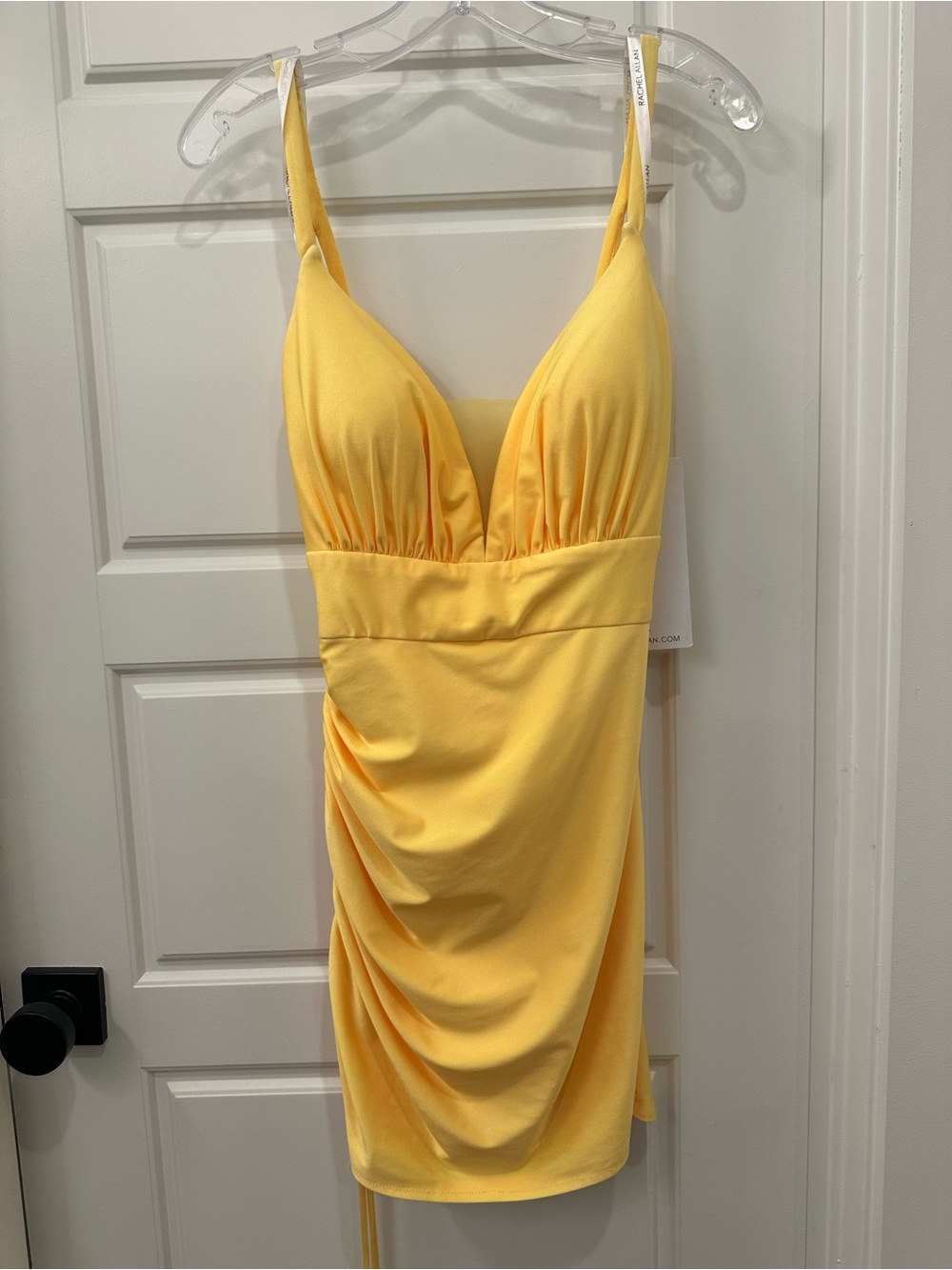 Rachel Allan Yellow V-Neck Ruched Mini Dress